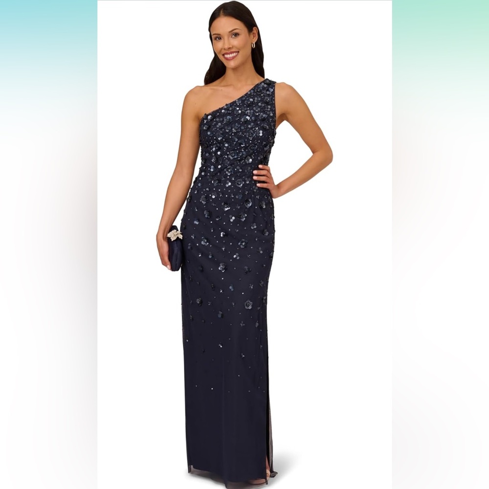 Adrianna Papell Women's One Shoulder Beaded Gown, Dusty Navy